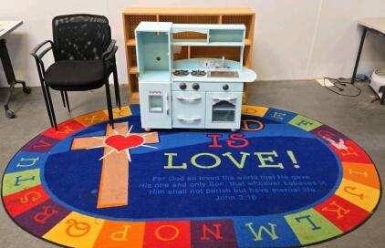 Wooden Play Kitchen Set, Light Blue, 40"x15"x40", Sink, Stove, Oven, Refrigerator, Used, carpet