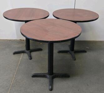Commercial 30" Round Pedestal Tables, Mahogany Laminate Top, Black Metal Base, Set Of 3