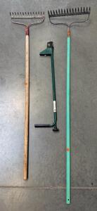 2 Landscape Rakes (14-Tine, 16") & Weed Hound Manual Weed Puller, Steel Heads, 60"/38" Handles