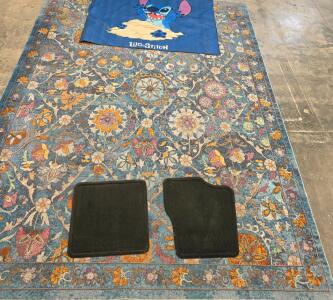 Blue Floral Medallion Area Rug With Vibrant Multicolor Design, Stitch Children's Rug, And 2 Car Floor Rugs