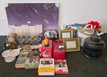 Collectibles, Books, Coupe Glasses, Chrome Hubcaps, Gas Cans & More