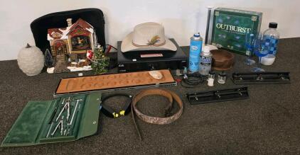 Dish DVR (plugged in and functioning), Airbrush equipment and some accessories, Avantree head set, Viquez Cowboy hat, Two board games, Engineer Tools and Guide