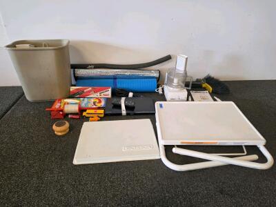 Large Mixed Lot: Cuisinart DFP-3 Food Processor, Sony DVD and Remote (plugged and functioning), Richeson Tray, Tools & Art Supplies Small Rake and broom, Sealing tool