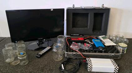 Samsung T22B350 Monitor, (plugged in and functioning an remote works) iCharger 306B, Power Supply, Glass Jars, Case, Accessories (Shelf S)