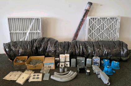 HVAC and Electrical Installation Supplies Lot &ndash; Vent Grilles, Duct Tubes, Electrical Boxes, Umbrella (Shelf T)