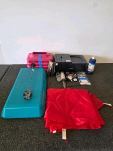 Canon Pixma TR4720 Printer (plugged in and functioning), Aerobic Step Platform, Vintage Iron (plugged in and functioning), Shoe laces, (shelf T)