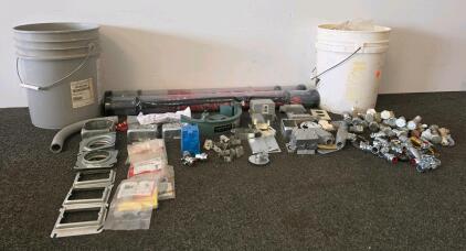 Mixed Lot Electrical Boxes, Fittings, 2x 24&rdquo; Auger Drill Bits, Bulk Fasteners, 2 Buckets, two umbrellas