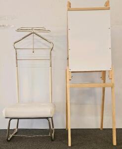 Mid-Century Modern Valet Chair with Chrome Frame and Cream Upholstered Seat. Standing whiteboard and chalkboard.