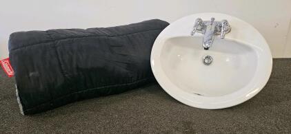 Drop-In Oval Bathroom Sink with Faucet & Coleman Black Rectangular Sleeping Bag, Plaid Flannel Lining (A)