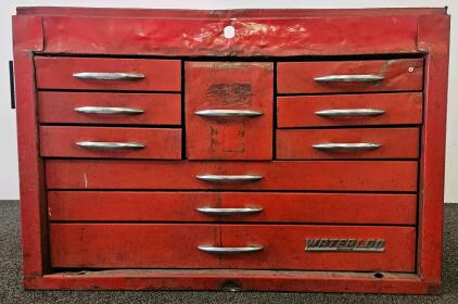 Waterloo 10-Drawer Red Steel Tool Chest with Assorted Hand Tools, Heavy Wear, Vintage