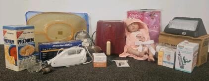 Beautiful 3 Qt Air Fryer with TurboCrisp Technology, Tomato Red, Digital Display, Proctor silex slice right, (both tested and work), baby doll, 2 LED wallpacks, vintage saltine tin, kids Barbie costume, safety goggles, several new cosmetic products in pac