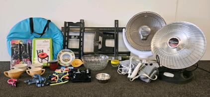 Presto HeatDish Parabolic Electric Heater 1000W ETL Certified w/ Safety Features (tested, works), Bratz walkie-talkies, infant and toddler sun shelter (new), multiple small dog harnesses, glass bowl, vintage Anchor Hocking mug, tv mount and more