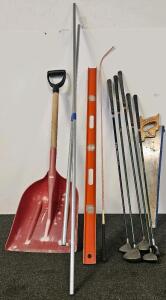 Mixed Lot - Snow Shovel, 48" Level, Golf Clubs, Saw, Pry Bar, Metal Poles, Onyx Clubs