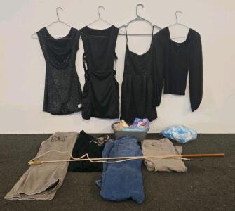 Large lot of women's clothing diffrent sizes and styles, horse training whip