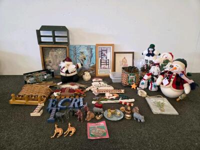 Christmas Decor, Apple Candler Snuffer, Various Hanging Pictures, Noah's Ark Tea Set, and more (Shelf I)