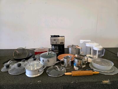 Cuisinart Coffee Maker(Tested), 3 EKCO Sifters, Pots, Pans, Lids, Pitchers, Rolling Pin, Kitchen Lot