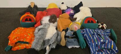 Lot of 10+ Large Hand and Rod Puppets, Assorted Animal & Human Characters, Adult Size w/ Costumes