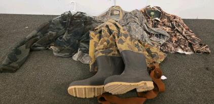 Cabela&rsquo;s Camouflage Hunting Bundle: 2XL Jacket, XL Bug Mesh Jacket, Duck Waders, Shirts & Boots