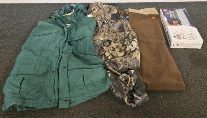 Outdoor Apparel Bundle: Green Field Jacket, Camouflage Overalls, Fleece Pants, Yule Rite 150 Lights