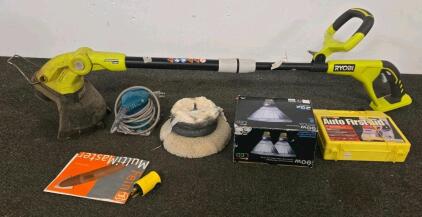 Ryobi 18V Cordless String Trimmer, Auto First Aid Kit, Utilitech 90W LED Bulbs, Power Sander Lot