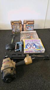 Lot: Pneumatic Framing Nailer, Power Line LT11 Stapler, 3x 1000pc Puzzles, Penguin Game