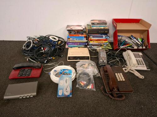 Mixed Lot: GE and Retro Desk Phones, Pierre Cardin AM/FM Clock Radio, Recoton S-Video Switch