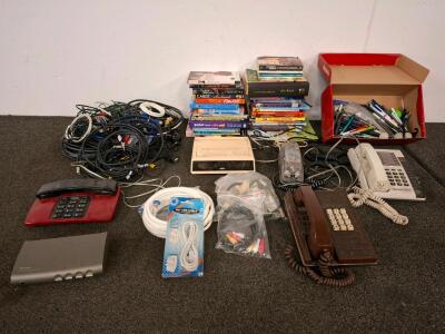 Mixed Lot: GE and Retro Desk Phones, Pierre Cardin AM/FM Clock Radio, Recoton S-Video Switch