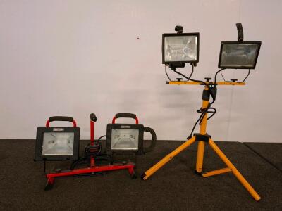 Craftsman Dual-Head 1000W Halogen Work Light with Stand, Adjustable Height, Water-Resistant, another work light. Both powered on. ( shelf A)