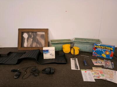 Mixed Lot&mdash;Perfection Game, FlipShare Camera Box, Floor Mat, Planters, Headphones, Craft Supplies horse wall art. ( shelf B)