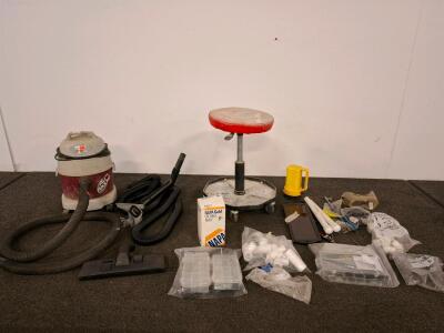 Shop-Vac 0AM70 7.0A 5-Gallon Wet/Dry Vacuum, Mechanic Stool, Tools, Hardware, Hose & Nozzle Set( powered on) shop stool, miscellaneous shop hardware and plumbing parts.