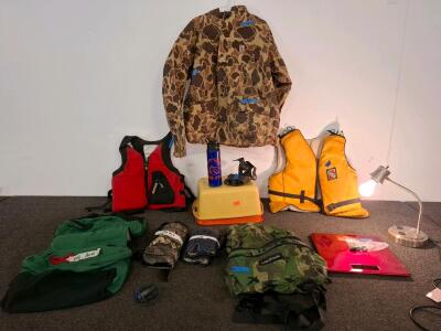 Wenaha and Generic Camo Dog Backpacks (Used, Medium-Large) camo rain jacket. 2 life jackets. Gloves, scale, desk lamp and more