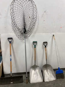 Snow Shovels, Fishing Net And Broom