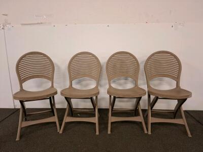 Set of 4 Beige Plastic Folding Chairs, Louvered Back, Indoor/Outdoor, 18"x18"x34", 250 lb Capacity