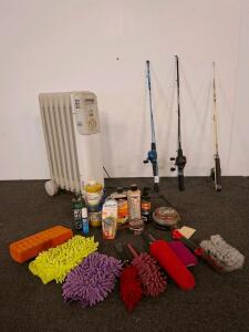 Lakewood 1500W Oil Heater, 3 Zebco Spincast Rod & Reel Combos, Car Detailing Kit Lot. ( in front of shelf A)