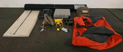 Mixed Workshop Lot: Cordless Drill, DeWalt 14.4V Batteries, Heaters, Duffel, Sunshade, Face Shield