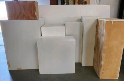 Assorted Wooden Display Pedestals And Podium, White & Natural Finish, 7-Piece Set, Various Sizes