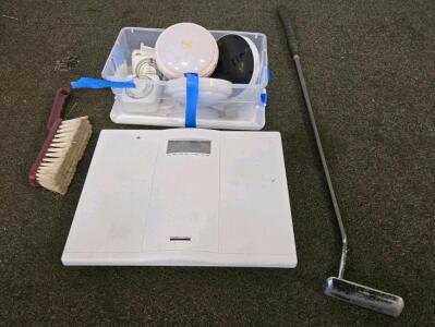 Box of Intermatic Timers, Health o meter 400lb Digital Scale, Scrub Brush, 34" Metal Putter