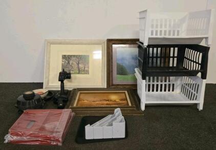 Mixed Household Lot: Egg Cooker, RC Remote, Framed Prints, Organizers
