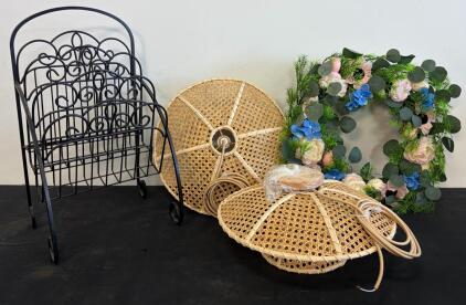Wrought Iron Magazine Rack, Pair of 18" Rattan Pendant Lamp Shades, Square Artificial Floral Wreath