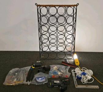 Large Metal Wine Rack, Champion Spark Plugs, Ryobi Charger, Mixed Hardware & Accessories Lot (Shelf A)