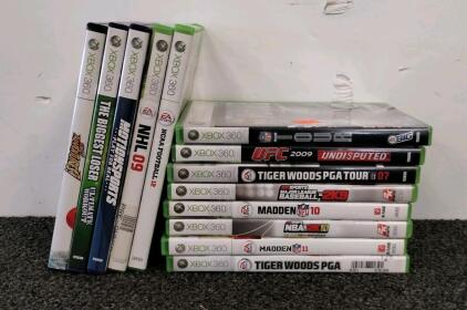 (13) XBox 360 Games Includes: Tiger Woods PGA Tour '06 and '07, Madden NFL 10 and 11, UFC 2009, Kinect Adventures and More