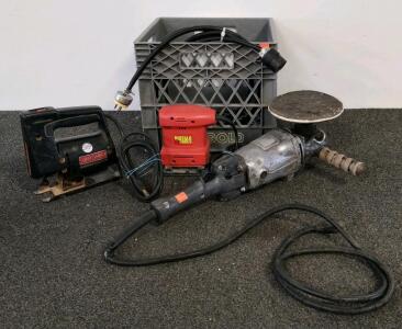 Vintage Power Tool Lot: Craftsman Sabre Saw, Buffalo Palm Sander, Black & Decker Polisher, Crate