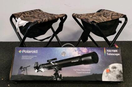 Polaroid 75x/150x Refractor Telescope with 50mm Aperture, 600mm Focal Length, and two folding stools