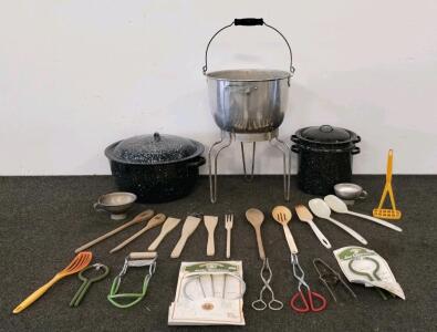 Vintage Home Canning Equipment Lot, Graniteware Pots, Farmgroom Tools, Strainer, Utensils, USA
