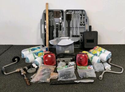 Large Mixed Tool & Hardware Lot &ndash; O-Cedar Mop Heads, BBQ Set, Drills, Lights, Jigsaw (tested/working)
