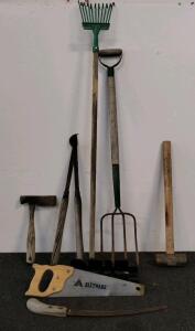 Vintage Tool Lot &ndash; Garden Rake, Pitchfork, Sledgehammer, ALLTRADE Saw, Hatchet & More