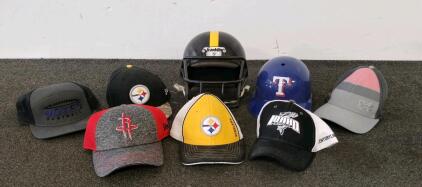Mixed Lot Sports Caps & Helmets: Steelers, Rockets, Rangers, Yotes, Idaho Steelheads, Under Armour