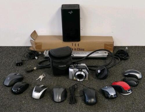 Panasonic Lumix DMC-LC40 Camera, Assorted Computer Mice, Windsor Tee Stand, Network Device