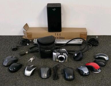 Panasonic Lumix DMC-LC40 Camera, Assorted Computer Mice, Windsor Tee Stand, Network Device