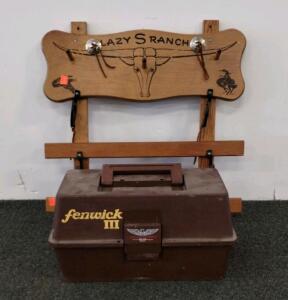 Vintage Fenwick III Fishing Tackle Box with Accessories and Farm/Ranch coat mount
